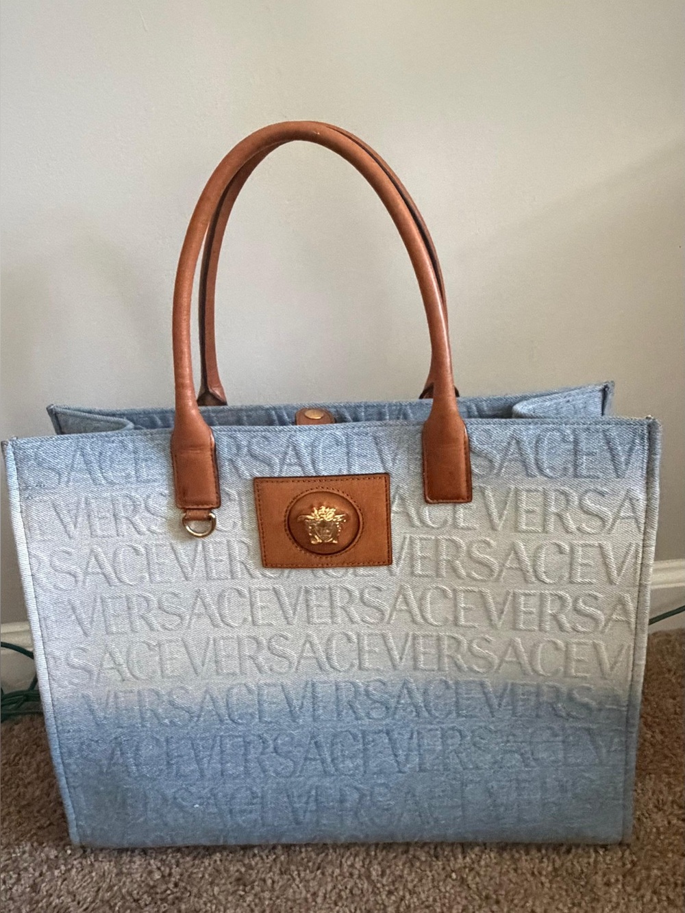 Versace Blue Ombre Denim Tote with Tan Leather Trim